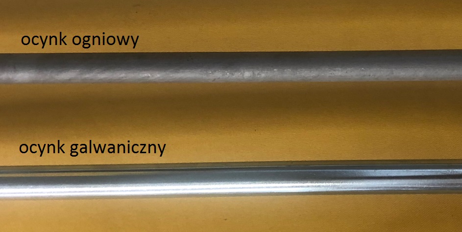 Porównanie ocynk ogniowy, ocynk galwaniczny Wizualne porównanie prętów uziomu ocynk ogniowy i ocynk galwaniczny